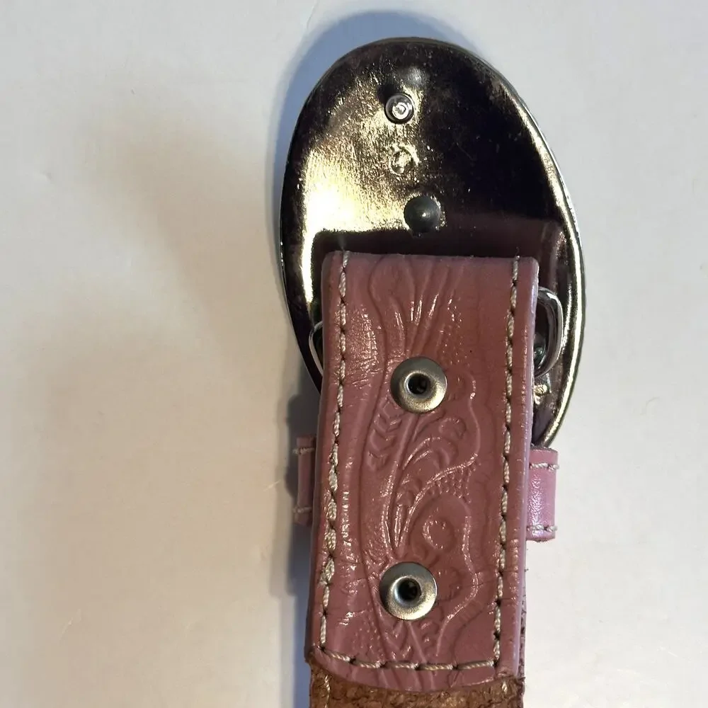 Nocona Pink Tooled Leather Belt Girls Size 22 Western Horse Pin Buckle